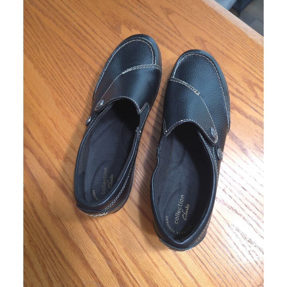 Clarks Ultimate Comfort Black Leather Slip On Loafers Clogs Size 10 W Wide